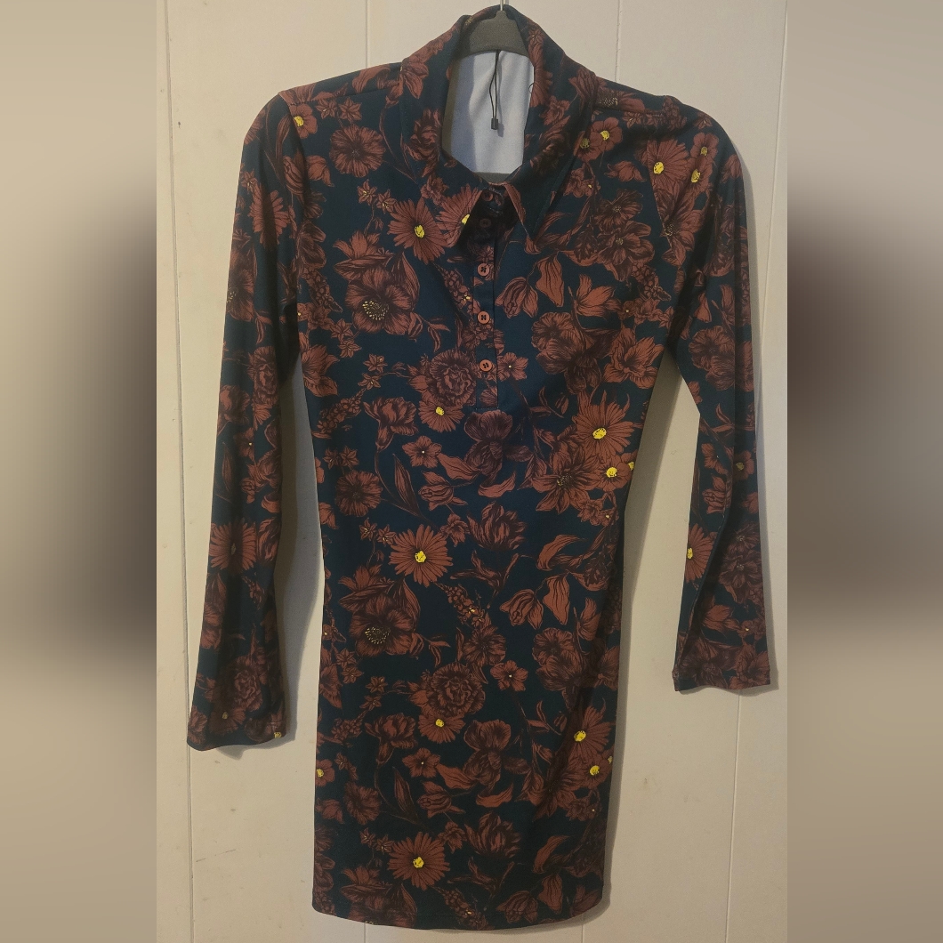 Zara Dark Blue And Brown Floral Long Sleeve Dress